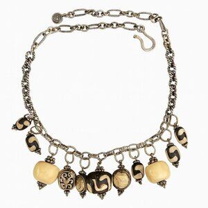 Statement African Batik Bone Bead Necklace Tribal 925 Silver Chunky Boho